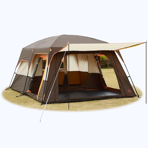 KTT Extra Large Tent 12 Person,Family Cabin Tents,2 Rooms,3 Doors and 3 Windows with Mesh,Straight Wall,Waterproof,Double Layer,Big Tent for Outdoor,Picnic,Camping,Family Gathering(Brown)