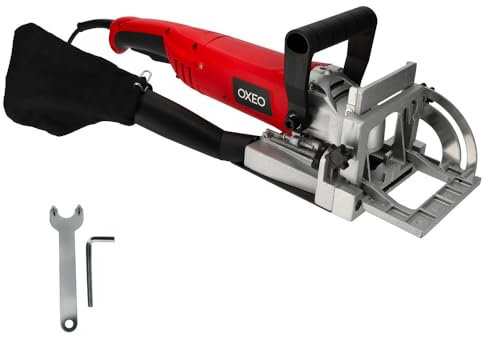 Oxeo Fraiseuse à lamelles 1010W - Lamelleuse - Réglage Angle Inclinaison 90°- Lame 100x22mm .ép4mm - buse Sac à poussière clé ergots
