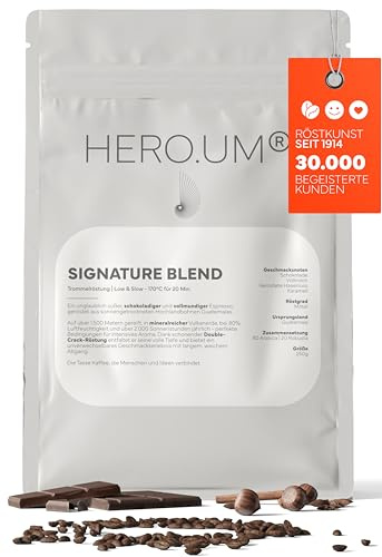 HERO.UM® Signature Blend - Arabica, Robusta Espresso - Premium Kaffee (Coffee), mittlere Röstung (medium roast) - Ganze Kaffeebohnen - Perfekte Crema (1 x 250g, ganze Bohne, Schokolade)