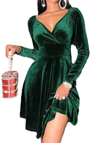 XIVISTO Abito da Donna Elegante Invernale Cerimonia in Velluto Vintage Sexy Vestito con Scollo a V Maniche Lunghe a Vita Alta Abiti per Cocktail Festa Sera Bar Club