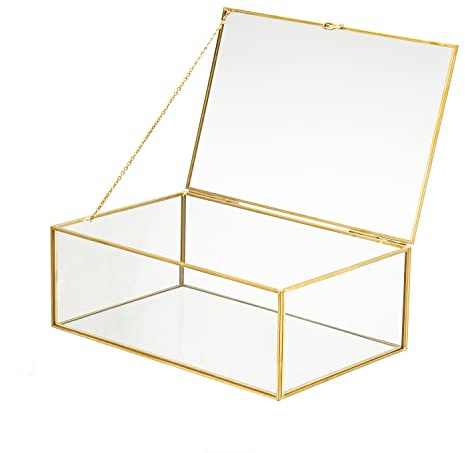 WHSLILR Vintage Glass Jewelry Box Keepsake Box with Hinged Lid and Mirrored Bottom, Great for Storage Trinket/Jewelry/Card/Photo, Gold Decorative Box for Dresser (Glod/Transparent, X-Large)