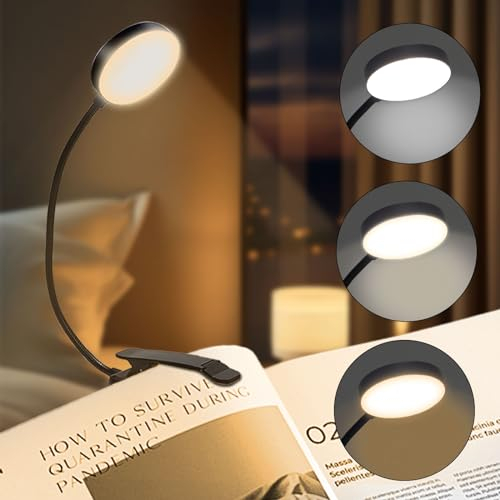 LQWELL® Nachttisch-Leselampe, wiederaufladbare USB-Leselampe, 3 Farbtemperaturen, 10 Helligkeitsstufen, stufenlos dimmbar, 360° flexibles Buchlicht für Kinder und Buchliebhaber (Schwarz, 1 Stück)
