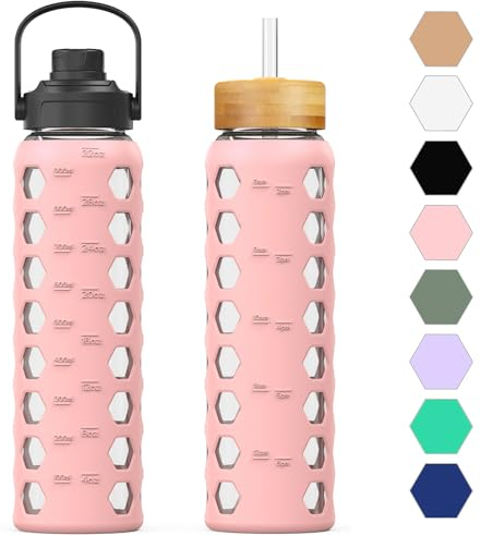 HYDRAGLAZIC 950ML Glass Water Bottle with 2 Flip and Bamboo Straw Lids Sports Water Tumbler with Time Reminder and Silicone Sleeve Leak-proof BPA Free, Pink