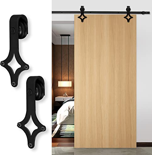 Hebitod Herraje para puerta corredera, juego completo con ruedas y riel, 200 cm, capacidad de carga de 150 kg, sistema de puerta corredera de acero al carbono negro, diamante, accesorios para puertas