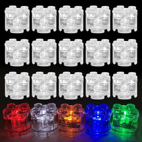 Joycabin 15 Stück Leuchtende Bausteine, 2x2 LED Leuchtsteine, Transparent Runde Bausteine Lampe, Bausteinteile Set Spielzeug, Kompatibel mit Allen Großen Marken von Bausteinen