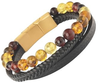 Handgjort armband-naturlig bärnsten och läder-guldfärgat magnetiskt spänne