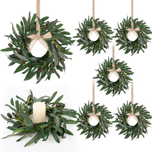 6 Pcs Artificial Summer Olive Wreaths Greenery Wreath Mini Green Kitchen Cabinet Wreaths Spring Wreath for Front Door Porch Wall Window Farmhouse Wedding Decoration