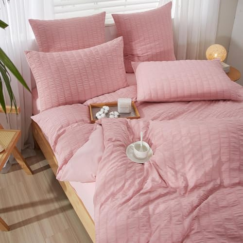 YASMENG Seersucker sängkläder 220 x 240 rosa randiga sängkläder Seersucker moderna sängkläder 3 delar mjukt ventilerande mikrofiber påslakanset med dragkedja och 2 örngott 80 x 80 cm