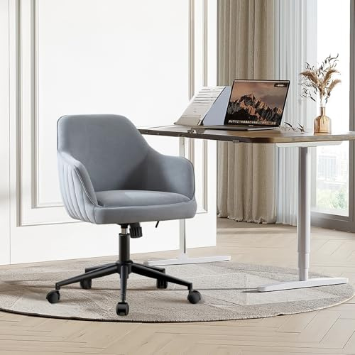 Office Chair Swivel Home Desk Chair Velvet Dressing Table Armchair 136 kg Load Capacity Ergonomic Height Adjustable 360° Rotatable Vanity Chair Quiet Castors Soft for Study Makeup Room Bedroom Grey