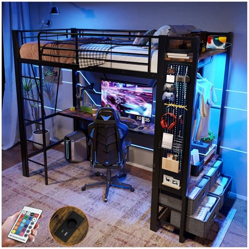 Lubvtti Cama alta 90x200, con escritorio, toma USB+TYPE-C, tira LED, tendedero, estantes, 4 cajones, panel perforado, cama apilable para niños, estructura de cama infantil en hierro (A-Negro)