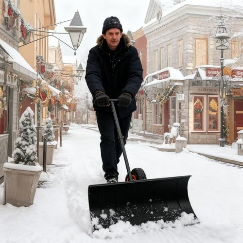 Kidsgigglz Pelle à Neige avec Roues, réglable en Hauteur 5 Positions et en Angle de poussée, protège Votre Dos, Lame métal 75cm Large, déneigement Efficace pour Jardin terrasse allées et Hiver Maison