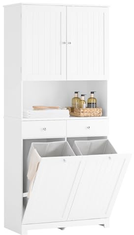 SoBuy Mueble Baño Estrecho con 2 Cestos para Ropa y 2 Cajones Armario Alto de Almacenaje 78x38x181cm Mueble Auxiliar Baño con Estante Abierto y Puerta para Pequeños BZR215-W