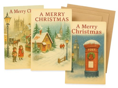 Christmas Cards Pack of 3 with Envelopes | Premium Greeting Cards | Vintage Traditional British Designs | Blank Inside Greeting Cards Multipack for Family & Friends