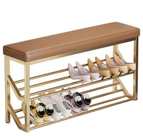 Taburete estrecho para cambiar zapatos, estante de almacenamiento de 2 niveles con cojín de piel sintética y marco de metal, elegante entrada para pasillo y sala de estar (dorado, 60 x 25 cm)
