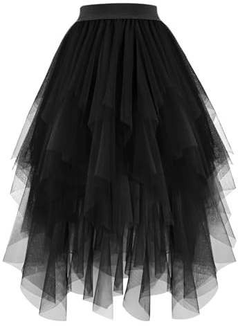 JASGOOD Jupe Tulle Femme Mi-Longue Jupe Tutu Asymétrique Haute Taille Élastique pour Quotidien Fête A-Ligne Mi-Mollet
