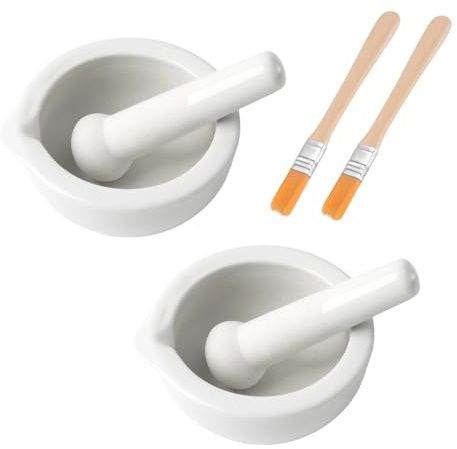 UCFBWO 2 Set Mortel med Stöt och Borstar, Liten Porslinsmortel Stöt Set Keramik Liten Örtskål Pesto Kök Mortel Vetenskapligt Tillbehör 80 mm