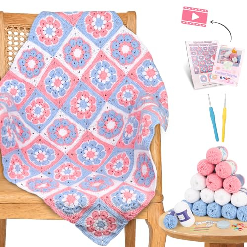 Reessy Kit all'uncinetto, coperta all'uncinetto con filato morbido, tutorial video dettagliati, accessori per uncinetto, coperta quadrata con fiore per nonna, kit all'uncinetto per principianti e