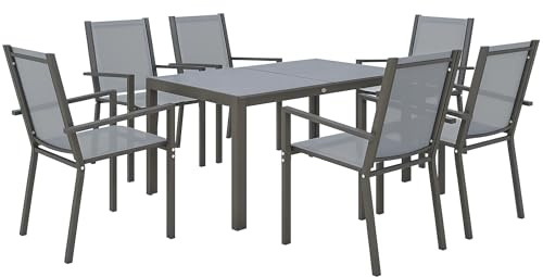 Outsunny Set Tavolo da Giardino con Sedie da 7 Pezzi, Set da Pranzo con Tavolo Rettangolare, 6 Sedie da Esterno Impilabili, Set di Mobili in Acciaio Texteline, Grigio Chiaro