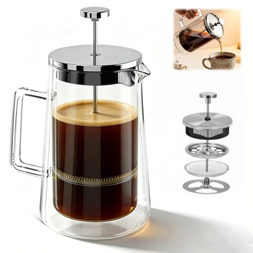 Piashow French Press Thermo 1 liter, dubbelvägg termisk kaffepress av glas och rostfritt stål, diskmaskinssäker, värmebeständig, 1 000 ml
