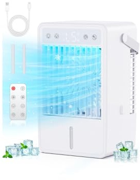 Mini Aire Acondicionado Portatil con 1.5L | Enfriador de Aire con 5 Velocidades + 3 Modos de Neblina | Temporizador 10H | Mando a Distancia y Luz RGB - para Dormitorios, Oficinas y Espacios Reducidos