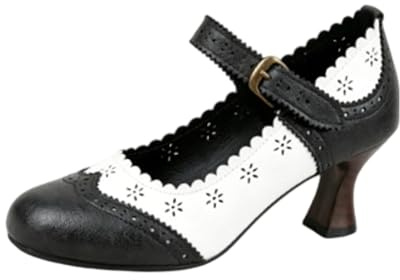 Genérico Mujer Bicolor Mary Jane Tacones Brogue Perforado Detalle Escallopado Punta Redonda Tacón Medio Zapatos Vestido Hebilla Tobillo Vintage,Negro,41 EU
