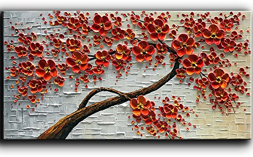 YaSheng Art - 48x24inch Canvas Wall Art, Hand Painted Oil Painting ,Abstract 3D Texture Wall Art Pictures, Red Floral Paintings, Modern Home Bedroom Wall Art Decor, Wall Art for living room, Large Framed oil painting.
