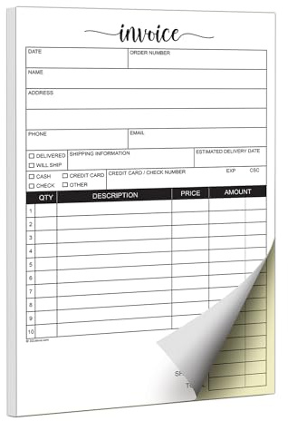 321Done Invoice Pad, 5.5x8.5 Small 2-Part Carbonless, Made in USA, Carbon Copy Sales Receipt Book Purchase Order Form for Small Boutique Craft Business (50 Sets) White/Yellow, Thick Paper