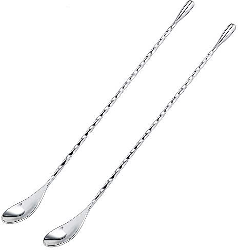 DIFENLUN 12 Inches Mixing Spoon Stainless Steel, 2 Pack Spiral Pattern Bar Spoon for Cocktail Shaker Tall Cups(Silver)