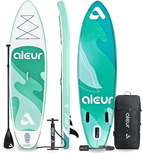 aleur 2020 Explorer Aufblasbares Stand Up Paddle Board Paket W Premium SUP Zubehör & Rucksack, rutschfestes Deck, Leine, Paddel und Handpumpe | Elegant, Spaß, Tragbar, Vielseitig (Seegrün)