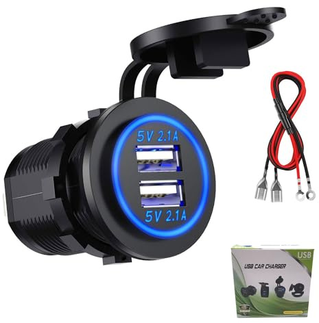 Kibon Auto USB Steckdose Kfz Ladegerät Buchse 12V/24V Wasserdicht Dual Ladebuchse mit 23,6-Zoll-Kabel Doppelte Ladeanschlüsse für 12-V-Wohnmobil-Boot-Motorrad-Mobil