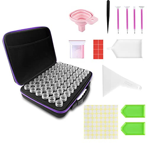 Relota 5D Diamond Painting Zubehör Boxen, 60 Fächer Diamant Painting Aufbewahrungsbox, Werkzeug Set mit Quick Point Stift, Trichter, Pinzette für Diamantmalerei, Strass, Perlen, DIY Handwerk