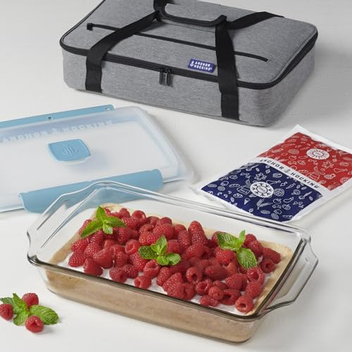 Anchor Hocking 3 Quart Glass Baking Dish with Lid, Insulated Carrier & Hot/Cold Pack