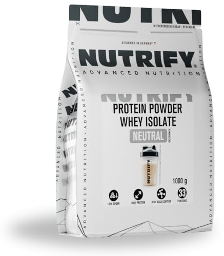 NUTRIFY Whey Protein Pulver Isolat geschmacksneutral– 26g Protein/Portion, ideal für Muskelaufbau & Diät, Hervorragende Löslichkeit, zuckerarm, reich an BCAAs, cremig, Eiweißpulver, 33 Portionen, 1kg