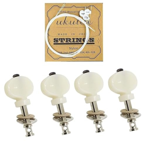 TUOREN 4pcs Ukulele Tuning Pegs & 1 Set Nylon Strings, Metal Pin Machine Heads Tuners for Precise Tuning, Replacement Parts (White)