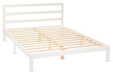 Amazon Basics Cama de Madera con Cabecero, Madera Maciza de Pino, Incluye Somier, 160 x 200 cm, Blanco