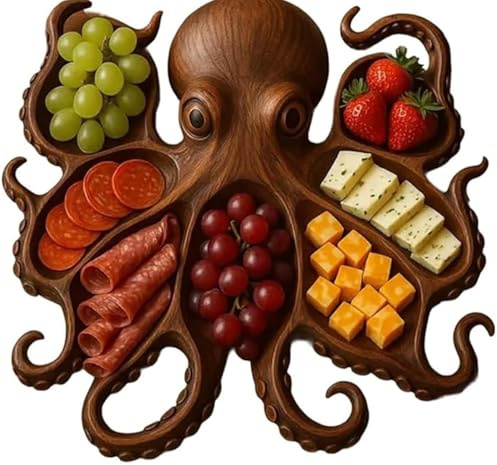 Eivdru Piatto per salumi a tema polipo, tagliere per pane e formaggio a tema oceano, vassoio da portata unico per formaggi, carne, frutta, vassoio da portata in legno con design kraken, regalo unico