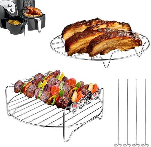 Stainless Steel Round Air Fryer Racks Set for Ninja AF100UK, AF160UK, 15-in-1 Multi-Cooker OL750UK, OP500UK OL550UK, COSORI 5.5L, Round Airfryer Rack with 4 Skewers.