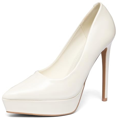 NEWBELLA Women's Platform Pumps Stiletto Heels Pointed Toe Slip On Dress Shoes-High Heels for Wedding, Party White
