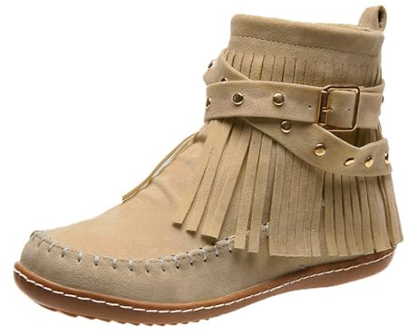 Generisch 2025 Bottines Femmes Femmes Solide Daim Bout Rétro Bout Rond Chaussures Courtes Pompons Fermeture éclair Plates Couleur Bottines Femmes Bottes, beige, 37 EU