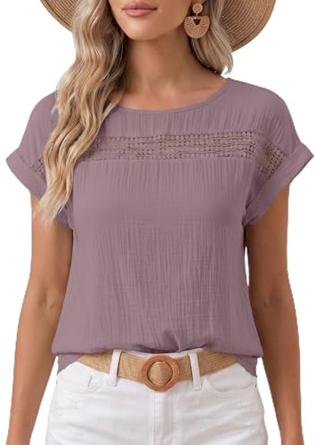DUOEASE Top Donna Elegante Girocollo Casual T-Shirt Donna Fashion Manica Corta Tinta Unita Estate Maglietta(RosaPolveroso L)