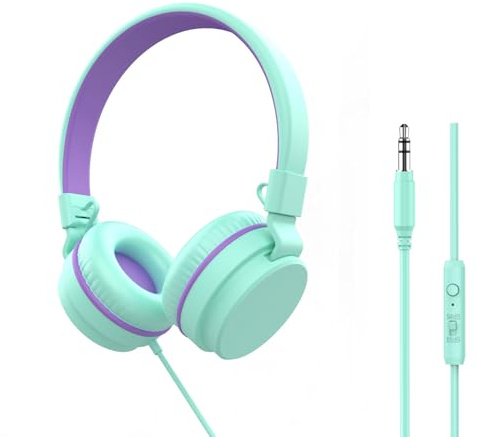 YOYOTUNE Kids Headphones,On-Ear Wired Headphones for Kids with Mic,85/94dB Volume Limiter Headphone for Girls Boys Children,3.5mm Wired Cord Foldable Headphone for Learning&Entertainment (Green)