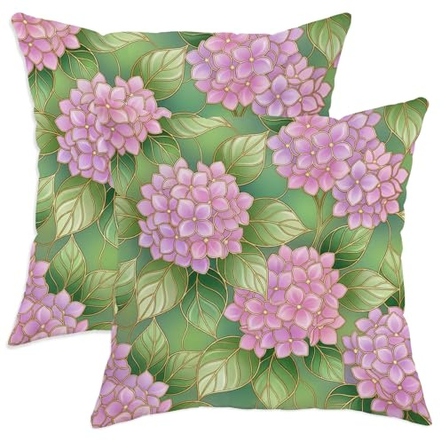 Hydrangea Throw Pillow Covers Set of 2, Floral Nature-Inspired Leaves Floral Spring Peach Soft Velvet Washable Decorative Pillow Cases for Living Room Apartment Bed Sofa Decor 16x16 Inch