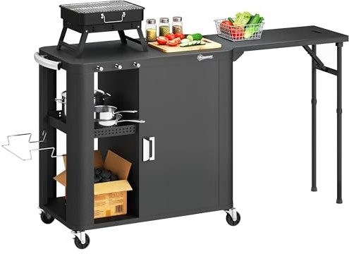 Outsunny - Carro de barbacoa con ruedas, isla de cocina con mesa lateral plegable armario estantes abiertos, soporte para bolsas de basura con tres ganchos (166 x 54 x 88 cm), color negro