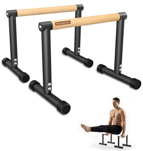 HANDSONIC Parallettes, 32.5cm hoch – Push Up Bar & Dip Barren – Rutschfeste Liegestützgriffe aus Holz – Calisthenics Equipment für Indoor & Outdoor – Ideal für Heim-Fitness, Handstand & L-Sit