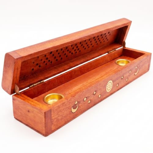 Agni Quemador de Incienso de Madera Hecho a Mano en India – Cofre Porta Inciensos para Varillas y Conos con Difusor de Humo, Caja Incensario Decorativa (Sol y Luna, Grande)