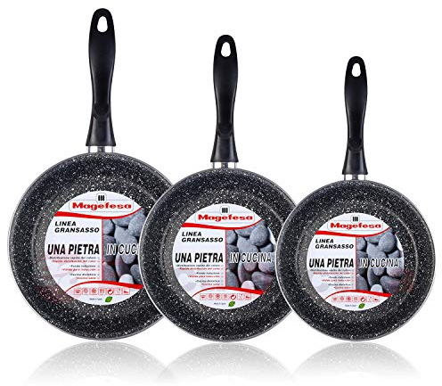 MAGEFESA K2 Gransasso - Set Juego 3 Sartenes 18-22-28 cm, inducción, Antiadherente Piedra Libre de PFOA, Limpieza lavavajillas Apta para Todas Las cocinas, vitroceramica, Gas, Fabricadas en España
