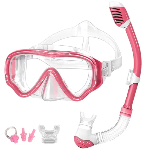 V VILISUN Snorkel Set Enfants, Masque de Anti-buée et Anti-Fuite, Verre Trempé Panoramique à Large Vue, Dry Top Snorkel, Ensemble de Plongée pour Enfants avec Pince-Nez et Bouchons d'oreille