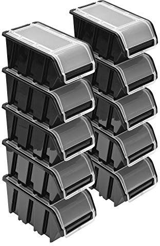Stapelboxen Set – 10x Stapelbox mit Deckel 230x160x120 mm – Sichtbox Stapelbox Lagerbox, Schwarz