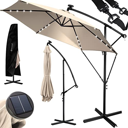 KESSER® Ombrellone in Alluminio Ø 300cm, LED solare, incl. Copertura, Telecomando, Manovella, Funzione 360°, Protezione UV, Idrorepellente, Ombrellone da Giardino, Beige