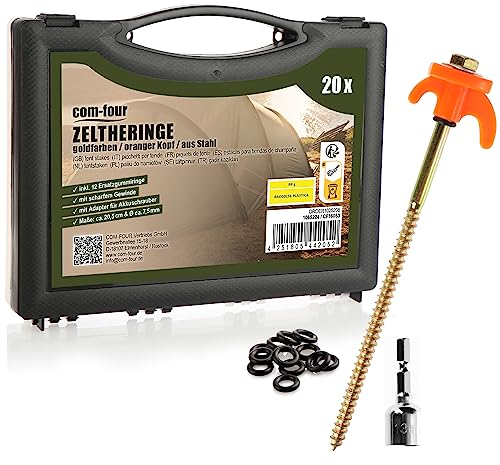 com-four® 20x Zeltheringe, robuste Stahl-Heringe mit Gewinde und Seil-Halterung, Felsboden-Erdnägel für Camping, Box mit Zelthaken für harten Boden und Holz